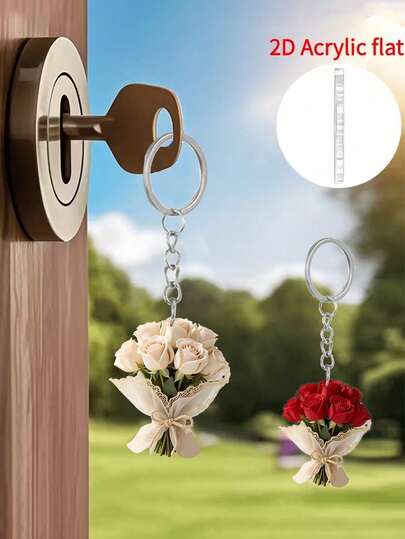 Elegant 2d Flat Acrylic Rose Bouquet Keychain,Lightweight Flower Key Ring,Valentine's Day Flower Bouquet Pendant,Fun Ornament, Backpack Accessory, Fashion Pendant, Home Decoration, For Car Decorations And Charms, Headphone Charms, Bag Charms, Accessory Gift, Perfect Gift For Family And Friends,Valentine's Day Gifts, Birthday Gifts, Party Gifts, Anniversary Gifts, Wedding Gifts