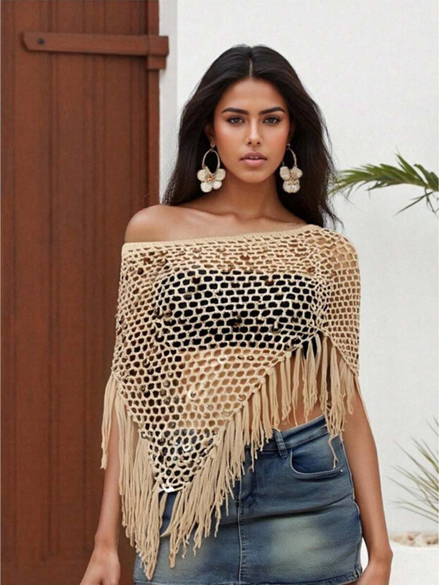 Sequin Crochet Cover Up For Women Hollowed Tassel Off Shoulder Knitted Poncho  Coverup Tops - Màu Khaki - Xem 1