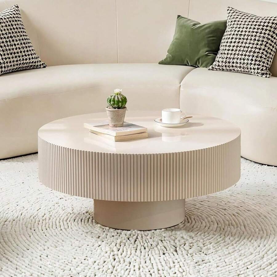 Modern Wood Round Coffee Table - Handcraft Fluted Coffee Tables With Sturdy Base, Easy Assembly, Contemporary Style Circle Coffee Table Small Tea Table For Living Room, Apartment, Office (White Thick) - Hình bầu dục tự nhiên - Xem 1