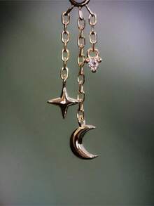 EleRunis 1PC 925 Sterling Silver Moon Star Piercings Earrings Three Chain Charm Flat Back Cartilage Helix Piercing Fine Jewelry For Daily Wear Wedding Party Engagement Anniversary Valentine's Day - Gold - View 9