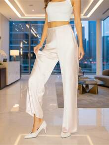Women's Satin Silk Wide Leg Pants Low Waist Baggy Pants Lounge Bottoms Streetwear - 米色 - 查看 3