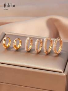 Hihho 3pairs/set Glamorous Cubic Zirconia Decor Hoop Earrings For Women For Dating Gift - Yellow Gold - View 7