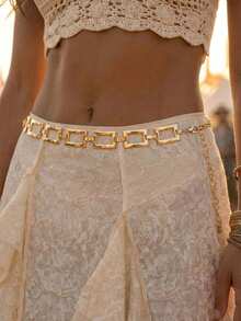 1件波西米亚风长方形金色腰链腰带，女士时尚身体饰品金属腰链，几何腰带配饰，可搭配连衣裙 - 金色 - 查看 6