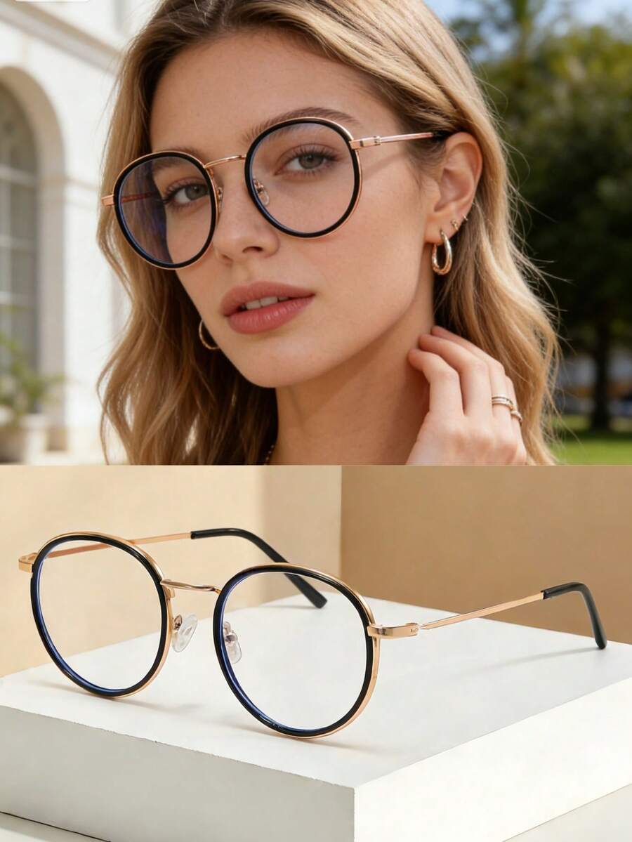 金属框椭圆形装饰无度数眼镜，新款韩版街头时尚男女通用复古金属眼镜框 - 金色 - 查看 1