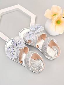 2026 New Girls Summer Sandals, Silver Glitter Bow Soft Bottom Non-Slip Hook And Loop Toddler Princess Open Toe Sandals - Silver - View 5