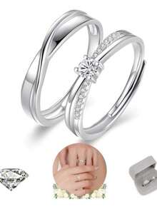 2 piezas Anillos de pareja ajustables de acero inoxidable plateado elegantes para compromiso y promesa nupcial - 1 - Ver 1