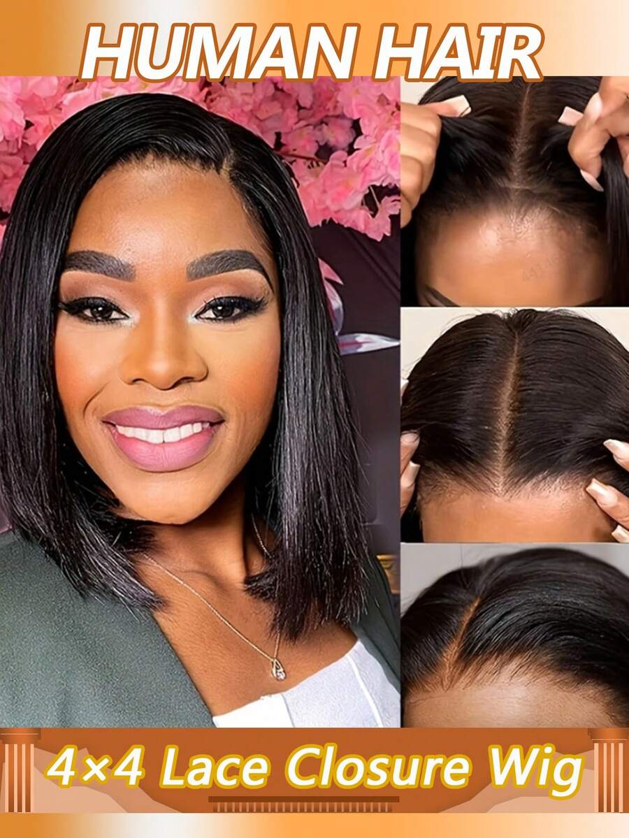 4x4 Straight Short Bob Wig Remy Human Hair Glueless Wigs Pre Cut Lace Closure Put And Go Wig Pre Plucked With Baby Hair Wigs 180% Density - Natural Black - View 1