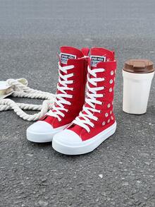 OPOEE 白色帆布鞋、中帮运动鞋、儿童帆布鞋、春秋季韩版简约男女童鞋、时尚低帮系带运动鞋、经典高帮帆布鞋、休闲滑板鞋、舞蹈鞋 - 紅色 - 查看 2