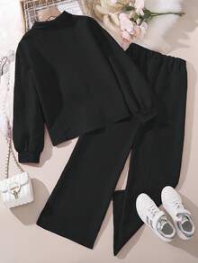 Left Mama 2pcs/Set Tween Girls New Autumn Collared Long Sleeve Shirt Top And Pants - Black - View 2
