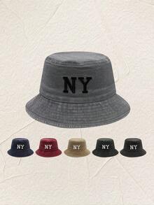 1pc Washed Cotton Bucket Hat With NY Embroidery, Simple And Stylish, Versatile Outdoor Casual Hiking Sun Hat - Fisherman Cowboy NY - View 3