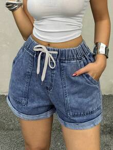 Women's Summer Lightweight Denim Shorts, Casual Loose Drawstring Elastic Waist Rolled Hem Comfortable Vacation Denim Shorts - Blue - View 1