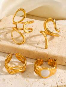 4pcs 18K Gold Plated Stainless Steel Elegant Minimalist Geometric Oval Ring Set, Suitable For Women Everyday, Holiday, Outing, Dating - Multicolor - View 5