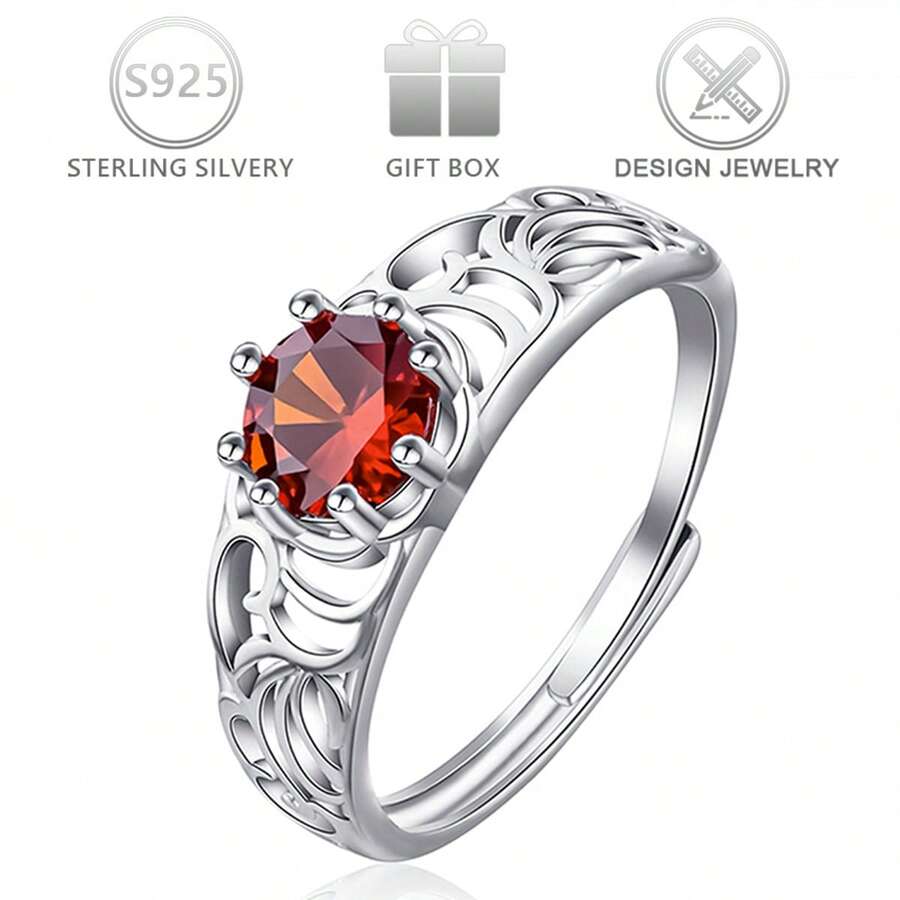 1 Stück 925 Sterling Silber eleganter Cut Out Blumen Design verstellbarer Ring mit kubischem Zirkonia, geeignet für den täglichen Gebrauch, Hochzeit, Party, Valentinstag Geschenk - Silber - Übersicht 1