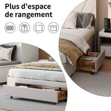 ZSSWSS Cama doble con 3 cajones, 140/160 x 200 cm, cabecero de rayas, somier de láminas, estilo escandinavo, cama tapizada, cama con cajones, lino, beige - Beis - Ver 4