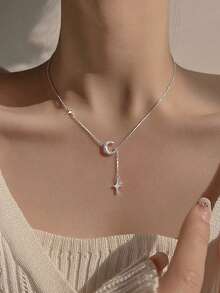 1pc S925 Sterling Silver Minimalist Fresh Elegant Star Tassel Necklace, Women's Daily Commute Versatile Exquisite Star Moon Choker Necklace, Holiday Gift - Stars and Moon - View 7