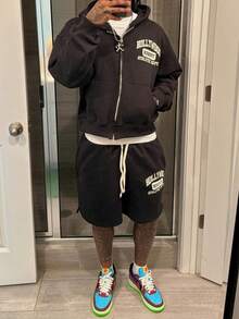 Men 2 Piece Set,Men's Solid Color Hooded Sweatshirt 3D Print Cardigan Sweatshirt Shorts Set - XHbkbwT79-黑 - 查看 2