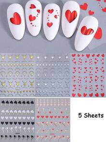 5片浪漫心形美甲贴纸，情人节主题，黑色、白色、红色、粉色心形3D自粘美甲贴花，DIY美甲贴纸装饰，适合情人节美甲，美甲用品 - 彩色 - 查看 10