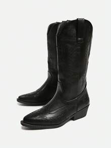 新款尖头粗跟喇叭腿女靴，复古过膝高跟西部牛仔骑马靴 - 黑色 - 查看 4