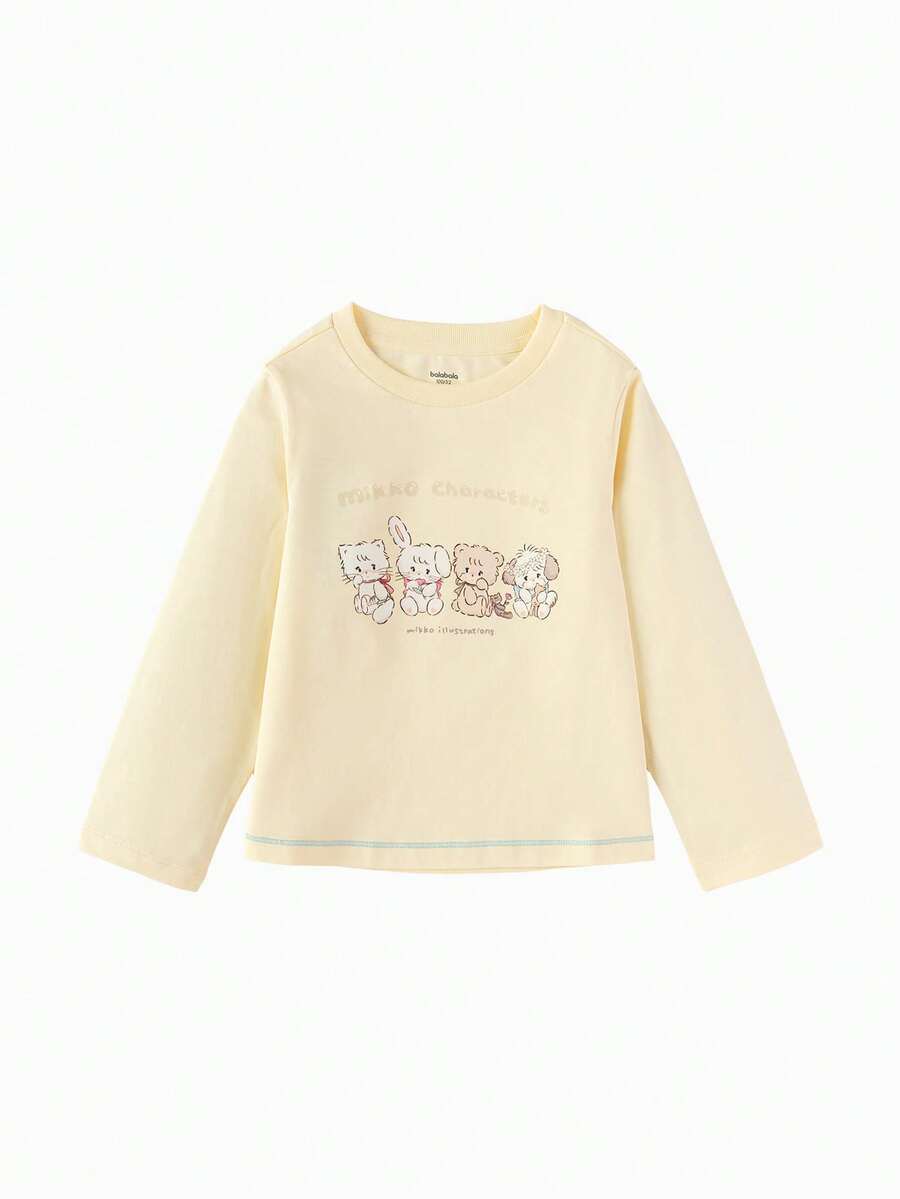Balabala Mikko Girls Long Sleeve T-Shirt, Crew Neck, Cute Cartoon Print, Soft Touch Fabric, Comfortable Fit, Spring Daily Wear - Light Yellow - View 1