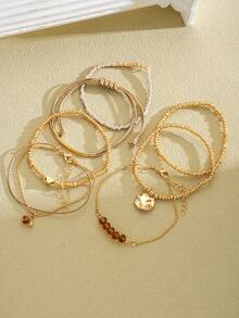 Juego de pulseras apilables de moda, elegantes, exquisitas y vintage, con perlas, gemas falsas, formas geométricas, cordón encerado, cadena de serpiente, cadena trenzada, cadena de caja y eslabones de cadena lisa, en estilo minimalista, adecuado para vacaciones, fiestas, citas, regalos y uso diario - Multicolor - Ver 6