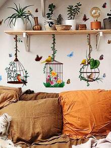 Bộ 1 miếng dán cửa sổ hình giỏ treo, lồng chim, bướm và hoa theo phong cách tối giản sáng tạo, trang trí phòng ngủ và phòng khách, trang trí tường, họa tiết chim và bướm mùa xuân. - Nhiều màu - Xem 8