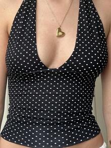 Women's Halter Neck Tank Tops Sleeveless Open Back Plaid/Heart Printed Slim Fit Tops Party Shirts - Than chì - Xem 2
