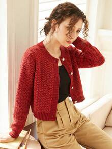 Knit Mix 优雅女士时尚针织开衫，休闲法式长袖圆领毛衣外套，适合圣诞节、感恩节和新年等场合 - 紅色 - 查看 8