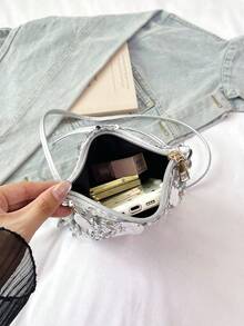 1个绗缝开合式PVC亮片小方包，时尚闪亮亮片零钱包手机包，女士派对宴会包，新款时尚链条斜挎包，闪亮亮片别致单肩包，适合女士出席宴会和派对 - 銀色 - 查看 8