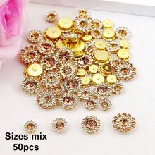 50 piezas/paquete, 8mm, 10mm, 12mm, 14mm, modelos mixtos, brillantes cristales de rhinestones con diseño de flor, base dorada, cristales de rhinestones brillantes adhesivos planos DIY para coser - multicolor - Ver 52