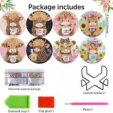 8件套钻石画杯垫套装，可爱小牛主题，DIY亚克力水晶钻石，防滑耐热，是家居装饰和手工制作的理想之选，耐用木质材料 - 彩色 - 查看 4