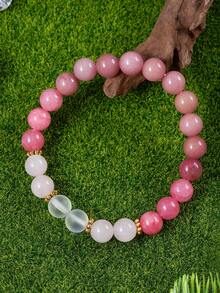 1条8毫米天然石珠爱心手链，玫瑰石英、月光石和菱锰矿，象征信任与和谐，男女皆宜，适合瑜伽、冥想、灵修、时尚饰品及礼物