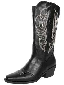 Giày bốt cao bồi nữ kiểu phương Tây mới, mang phong cách châu Âu và Mỹ, với họa tiết thêu truyền thống, kiểu dáng thoải mái, mũi vuông, gót thấp, đế chống trượt, chống mài mòn và không gây mỏi, phù hợp cho các bữa tiệc cao bồi và thời trang đường phố trong các lễ hội hàng ngày. - màu đen - Xem 1