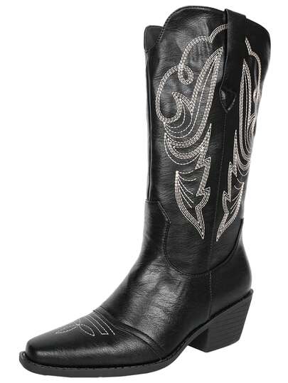 Women's Western Cowboy Boots New European And American Western Style Features Traditional Embroidery Holiday Leisure Square Toe Low Heel Boot Sole Non-Slip, Wear-Resistant And Not Tired, Suitable For Pasture Culture Cowboy Party And Street Culture Fashion Wear In Daily Festivals.
