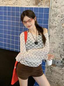 Women's Floral Mesh Long Sleeve Sheer Design T-Shirt - White - View 5