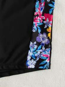 Tropical Print Side Drawstring Belly Covering Tankini Set, For Summer Beach Vacation - Multicolor - View 9