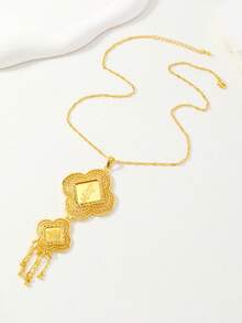 1件中东/沙特阿拉伯风格金色镂空梅花激光切割乌丹玫瑰流苏吊坠项链，适合女性在斋月期间佩戴 - 金黃色 - 查看 5