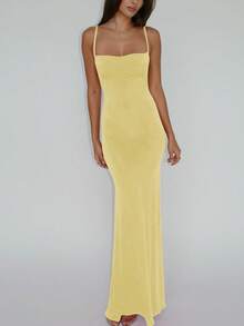 女士纯色开衩修身露背性感优雅连衣裙，适合春夏夜晚外出、派对、夜店、度假、海滩休闲穿着。