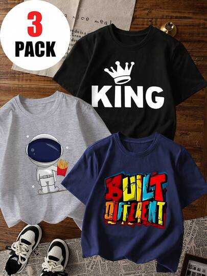 3pcs/Set Boys' Casual Printed Crew Neck Short Sleeve T-Shirts, Summer Student Youth Clothing - Colorful Letter, Astronaut, Crown Printed T-Shirts Bring Joy And Happiness To Every Child!