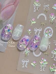 1 Sheet Spring Tulip Nail Art Stickers White Lace Bowknot Crystal Nail Stickers 5D Embossed Design Self-Adhesive Nail Art Decoration - Multicolor - View 6