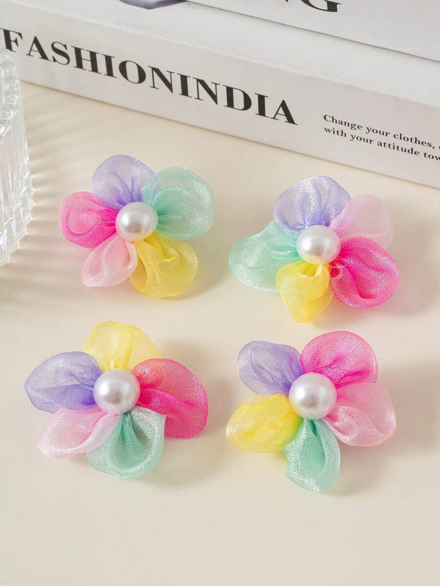 4个时尚渐变彩色花朵发夹，可爱甜美风格，珍珠装饰，轻盈柔软的网状材质，适合派对、送礼和日常佩戴。 - 彩色 - 查看 1