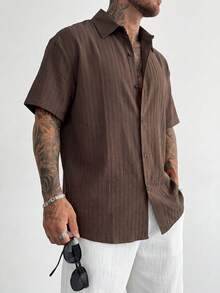 Men's Slim Fit Textured Shirt, Coffee Striped Shirt, Minimalist Fashion Short Sleeve Top, Refined And Refreshing Summer Clothing - Brown - View 2