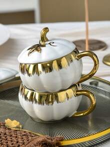 一套（勺子+杯子）南瓜形陶瓷杯，金色条纹马克杯带盖和勺子，手工制作的南瓜形陶瓷咖啡杯，仅限手洗，适用于拿铁、牛奶、酸奶、早餐、下午茶，是情人节、婚礼、派对、返校季、家居装饰的理想之选，也是送给朋友、同事的绝佳礼物。 - 彩色 - 查看 6