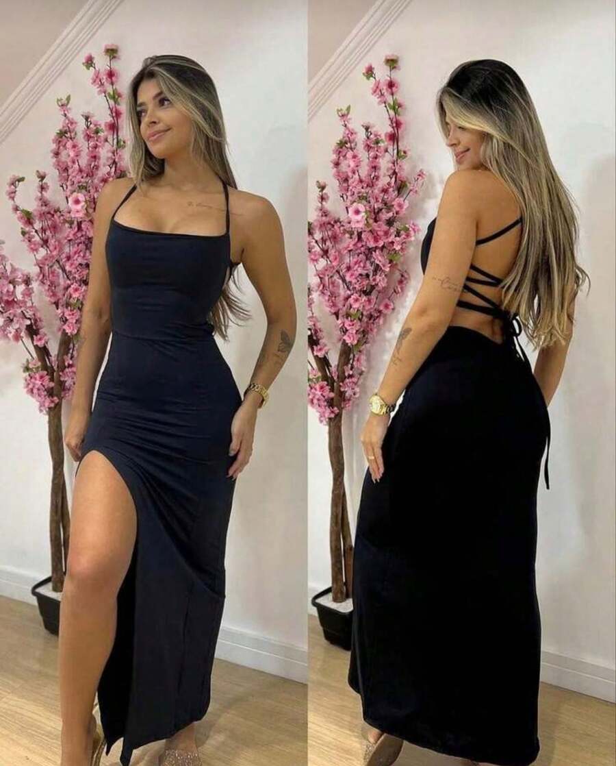Side Slit Dress With Ribbed Knit, Open Back / Backless Design, Zigzag Side Opening. - Black - View 1