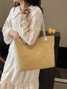 大容量草编手提包，女士新款夏季多功能单肩包，适合海滩、度假、通勤等场合。 - 彩色 - 查看 6