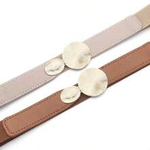 Women's Elastic Belt With Round Gold Buckle, Adjustable, Elegant - Màu Tím - Xem 3