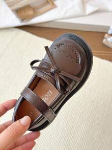 Girls' Flat Shoes With Bow Tie, British Style Leather Shoes - Brown - View 7