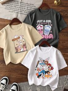 3件套女童休闲印花圆领短袖T恤，夏季学生童装 - 可爱的小动物兔子时尚T恤，为每个孩子带来欢乐和幸福！情人节 - 杏色 - 查看 2