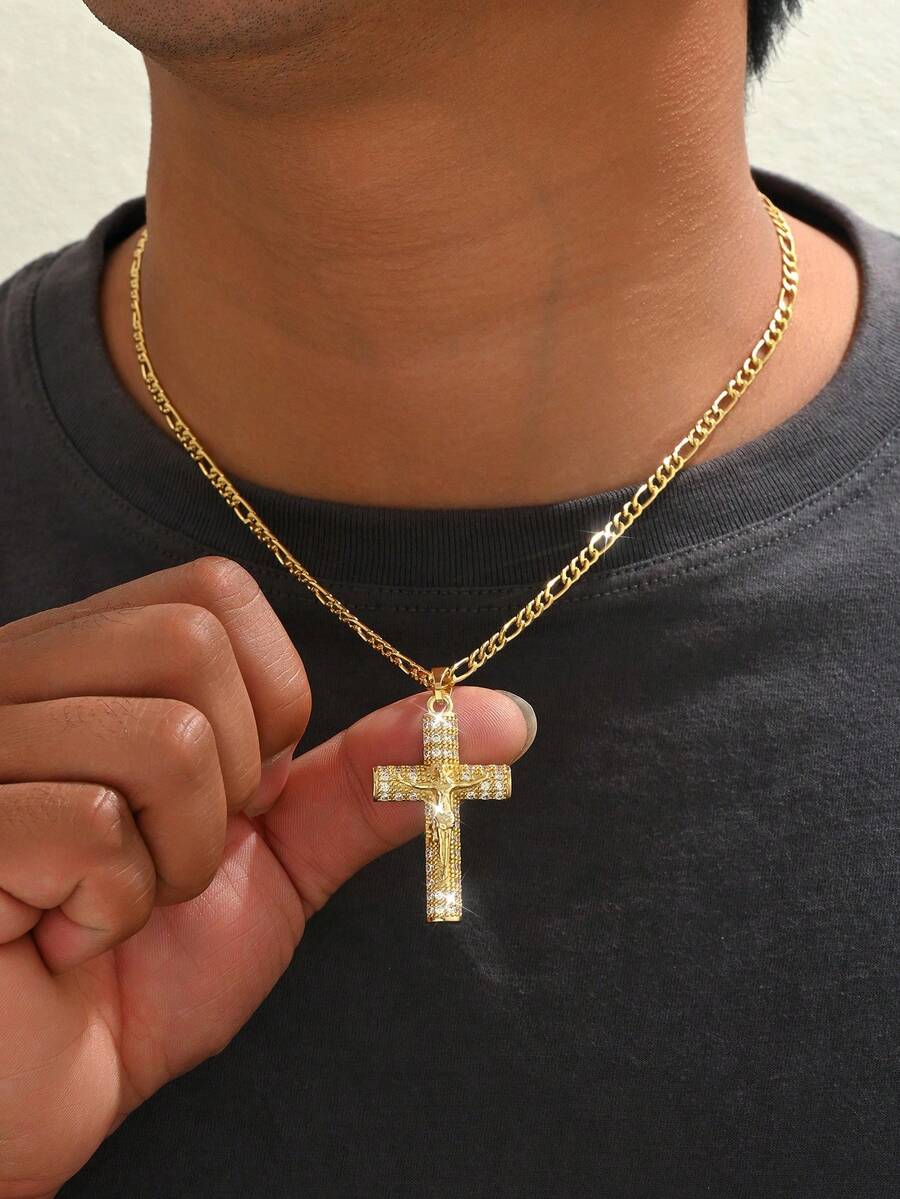 1件装奢华男士全镶钻耶稣十字架项链，个性化闪亮项链，配有3D耶稣受难吊坠，男士嘻哈项链，适合街头嘻哈装扮和宗教集会。 - 金黃色 - 查看 1