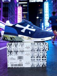 2026新款复古情侣鞋，483米运动跑步休闲鞋，校园风，奢华透气，适合工作场合，礼盒包装，大码尺码，快速发货，随机错位鞋底印花 - 黑藍色 - 查看 3