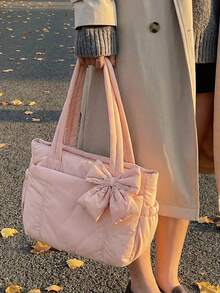 Peach Tree Tote Bag, Black Nylon Waterproof Minimalist Style Large Capacity Foldable Shoulder Bag, Suitable For Daily Commute, Shopping, Travel, Party, Cosmetic Storage, Women Gift, Fashion Party Favor - Multicolor - View 6